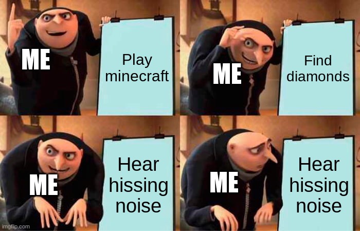 Me on minecraft | Play minecraft; Find diamonds; ME; ME; Hear hissing noise; Hear hissing noise; ME; ME | image tagged in memes,gru's plan | made w/ Imgflip meme maker