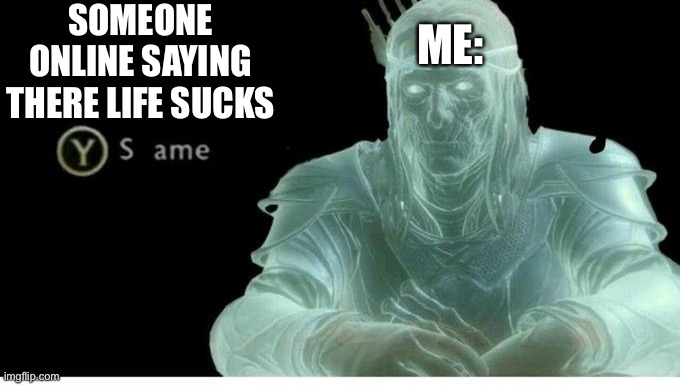 Same | SOMEONE ONLINE SAYING THERE LIFE SUCKS; ME: | image tagged in same | made w/ Imgflip meme maker