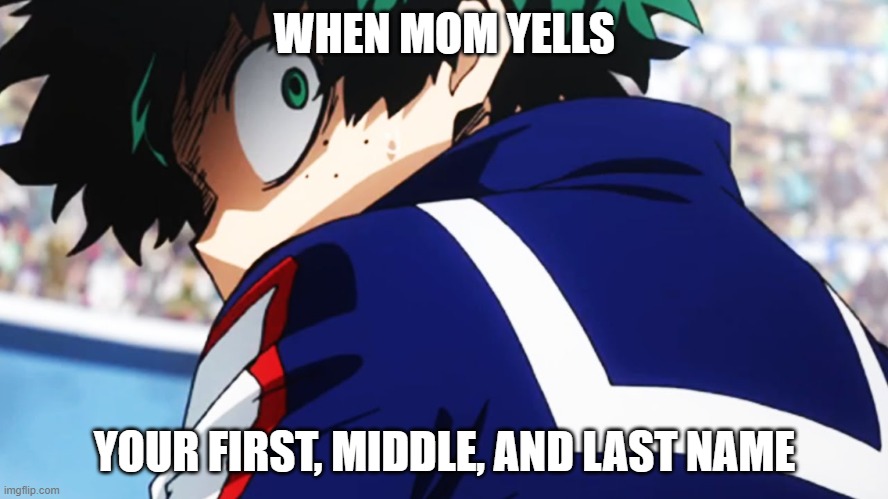 Well Sheit Mannn | WHEN MOM YELLS; YOUR FIRST, MIDDLE, AND LAST NAME | image tagged in deku what you say | made w/ Imgflip meme maker
