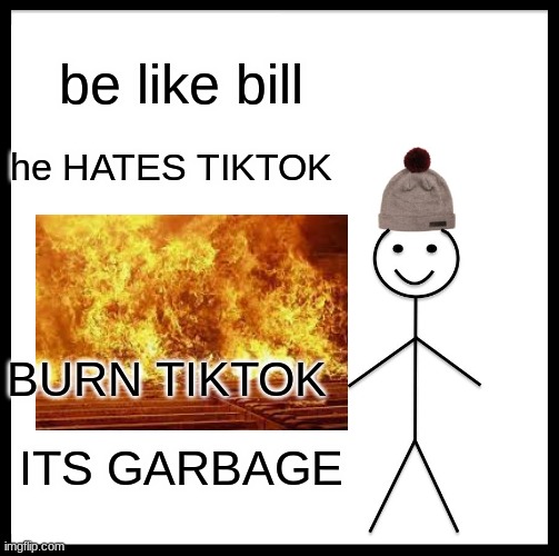 LOL | be like bill; he HATES TIKTOK; BURN TIKTOK; ITS GARBAGE | image tagged in memes,be like bill | made w/ Imgflip meme maker