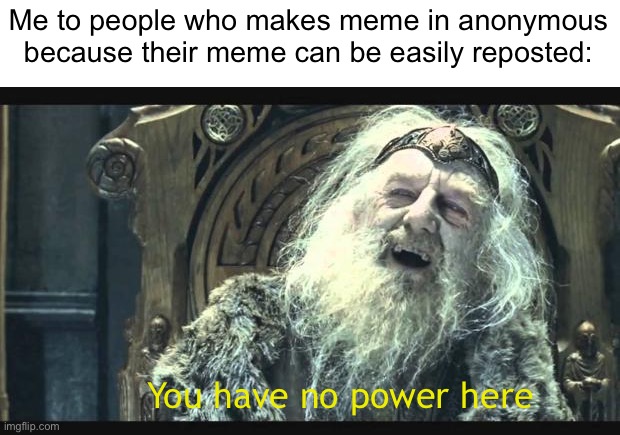 Not to worry, i don’t repost their memes ;) | Me to people who makes meme in anonymous because their meme can be easily reposted:; You have no power here | image tagged in you have no power here,memes | made w/ Imgflip meme maker