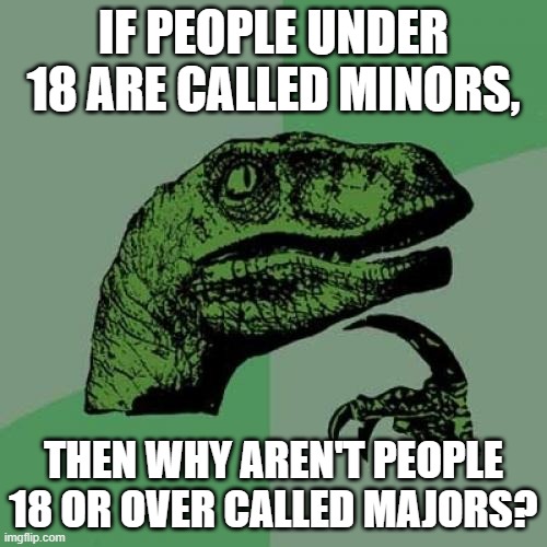 I Think About This EVERY DAY... | IF PEOPLE UNDER 18 ARE CALLED MINORS, THEN WHY AREN'T PEOPLE 18 OR OVER CALLED MAJORS? | image tagged in memes,philosoraptor,twitter | made w/ Imgflip meme maker