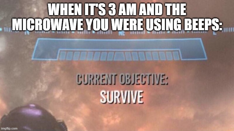 Current Objective: Survive | WHEN IT'S 3 AM AND THE MICROWAVE YOU WERE USING BEEPS: | image tagged in current objective survive | made w/ Imgflip meme maker