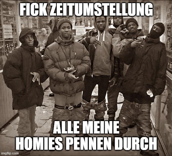 All My Homies Hate | FICK ZEITUMSTELLUNG; ALLE MEINE HOMIES PENNEN DURCH | image tagged in all my homies hate | made w/ Imgflip meme maker