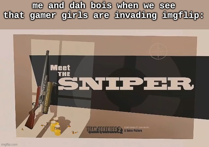 ok yall lets start killin gamer girls | me and dah bois when we see that gamer girls are invading imgflip: | image tagged in meet the sniper | made w/ Imgflip meme maker