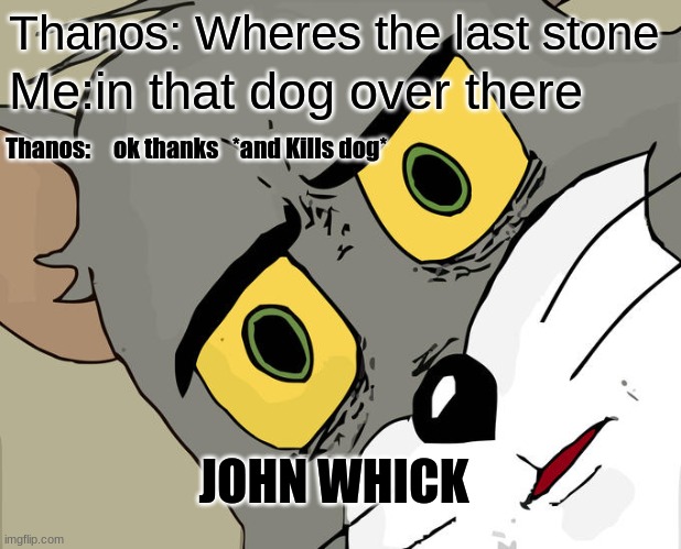 HOLD UP | Thanos: Wheres the last stone; Me:in that dog over there; Thanos:     ok thanks   *and Kills dog*; JOHN WHICK | image tagged in memes,unsettled tom | made w/ Imgflip meme maker