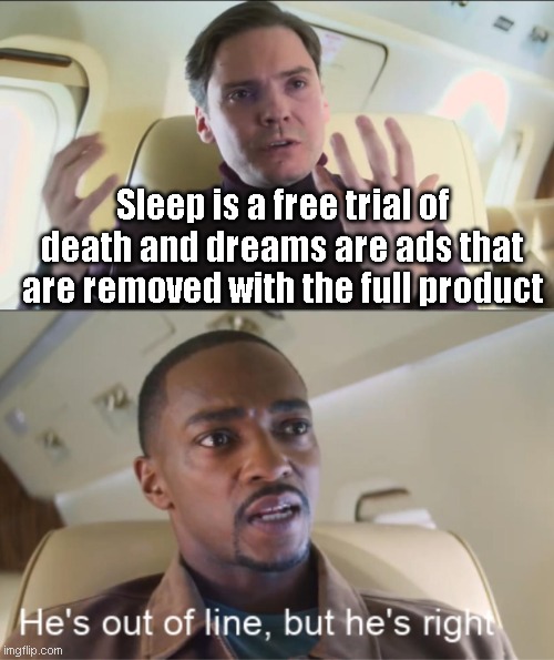 YouTube Premium is death!! | Sleep is a free trial of death and dreams are ads that are removed with the full product | image tagged in he's out of line but he's right | made w/ Imgflip meme maker