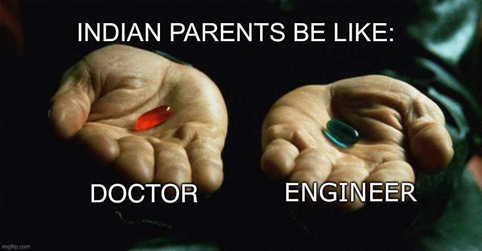 Red pill blue pill | INDIAN PARENTS BE LIKE:; DOCTOR; ENGINEER | image tagged in red pill blue pill | made w/ Imgflip meme maker