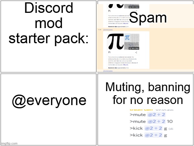 discord mod starter pack | Discord mod starter pack:; Spam; Muting, banning for no reason; @everyone | image tagged in memes,discord,discord mod,discord mod starter pack | made w/ Imgflip meme maker