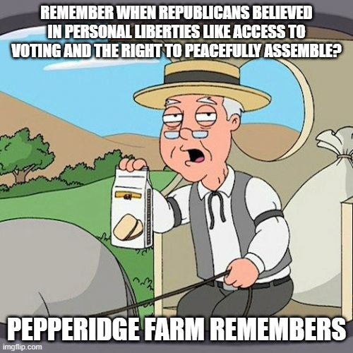 Pepperidge Farm Remembers | REMEMBER WHEN REPUBLICANS BELIEVED IN PERSONAL LIBERTIES LIKE ACCESS TO VOTING AND THE RIGHT TO PEACEFULLY ASSEMBLE? PEPPERIDGE FARM REMEMBERS | image tagged in memes,pepperidge farm remembers | made w/ Imgflip meme maker