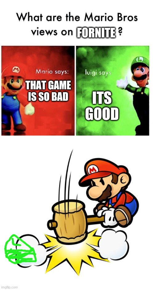FORNITE; THAT GAME IS SO BAD; ITS GOOD | image tagged in mario bros views,memes,mario hammer smash | made w/ Imgflip meme maker