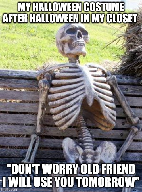 Waiting Skeleton | MY HALLOWEEN COSTUME AFTER HALLOWEEN IN MY CLOSET; "DON'T WORRY OLD FRIEND I WILL USE YOU TOMORROW" | image tagged in memes,waiting skeleton | made w/ Imgflip meme maker