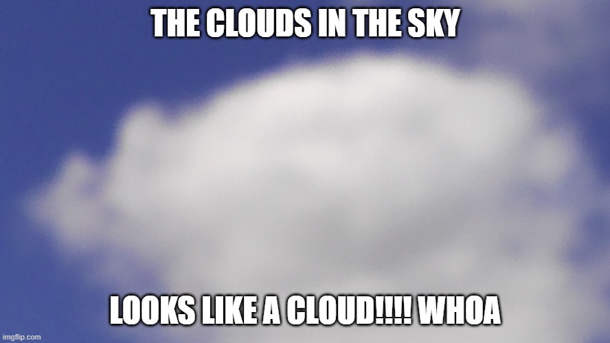 cloud | THE CLOUDS IN THE SKY; LOOKS LIKE A CLOUD!!!! WHOA | image tagged in clouds,love,fun | made w/ Imgflip meme maker