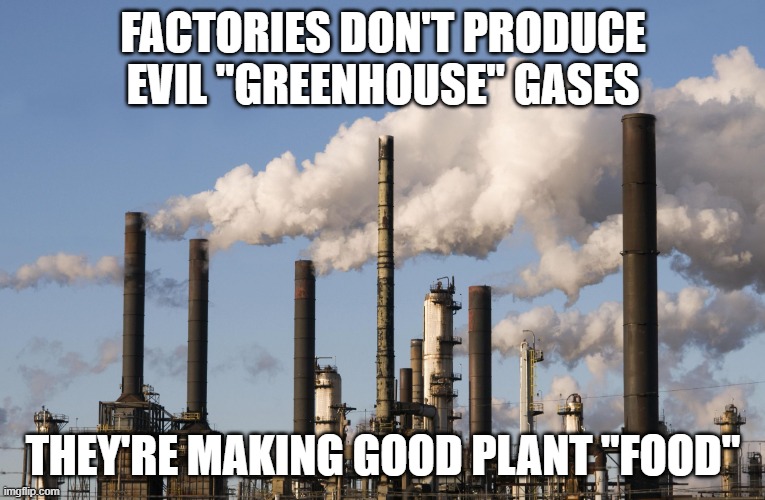 factory | FACTORIES DON'T PRODUCE EVIL "GREENHOUSE" GASES; THEY'RE MAKING GOOD PLANT "FOOD" | image tagged in factory | made w/ Imgflip meme maker