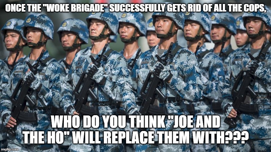 The Game Plan of the NWO | ONCE THE "WOKE BRIGADE" SUCCESSFULLY GETS RID OF ALL THE COPS, WHO DO YOU THINK "JOE AND THE HO" WILL REPLACE THEM WITH??? | image tagged in nwo,usurpers,stolen election,fifth column | made w/ Imgflip meme maker