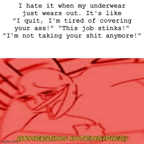 I'm hilarious | I hate it when my underwear just wears out. It's like "I quit, I'm tired of covering your ass!" "This job stinks!" "I'm not taking your shit anymore!" | image tagged in haha so funny,funny memes | made w/ Imgflip meme maker