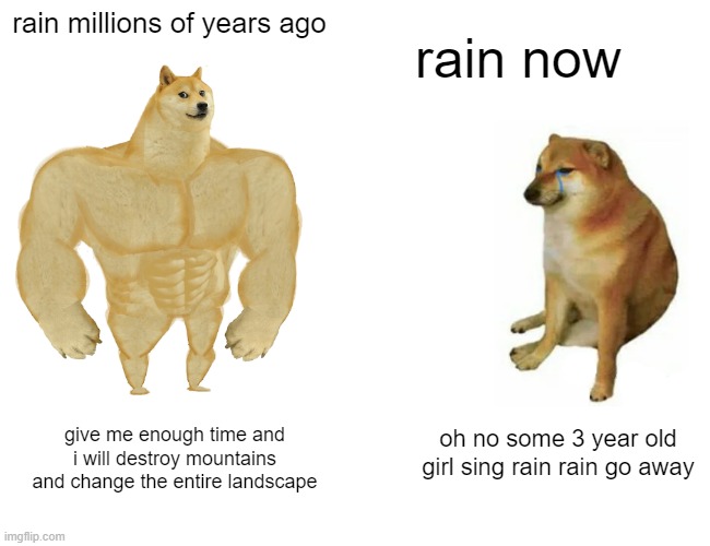 Buff Doge vs. Cheems | rain now; rain millions of years ago; oh no some 3 year old girl sing rain rain go away; give me enough time and i will destroy mountains and change the entire landscape | image tagged in memes,buff doge vs cheems | made w/ Imgflip meme maker