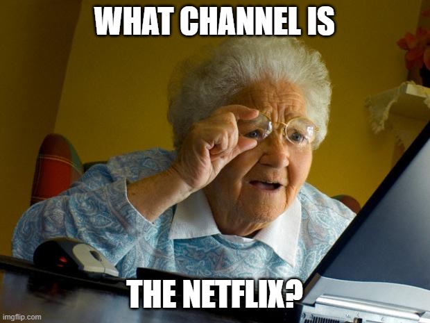 Old lady at computer finds the Internet | WHAT CHANNEL IS; THE NETFLIX? | image tagged in old lady at computer finds the internet | made w/ Imgflip meme maker