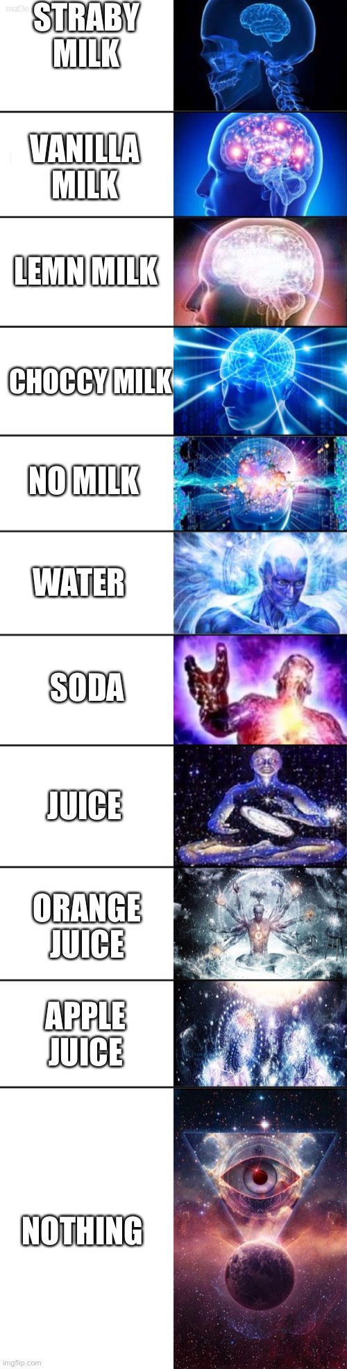 Dont ask me why I did this | STRABY MILK; VANILLA MILK; LEMN MILK; CHOCCY MILK; NO MILK; WATER; SODA; JUICE; ORANGE JUICE; NOTHING; APPLE JUICE | image tagged in extended expanding brain,choccy milk,apple,nothing | made w/ Imgflip meme maker