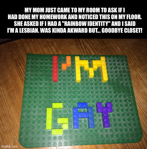 I DID IT I DID IT B**THES I DID IT | MY MOM JUST CAME TO MY ROOM TO ASK IF I HAD DONE MY HOMEWORK AND NOTICED THIS ON MY FLOOR. SHE ASKED IF I HAD A "RAINBOW IDENTITY" AND I SAID I'M A LESBIAN. WAS KINDA AKWARD BUT... GOODBYE CLOSET! | image tagged in gay | made w/ Imgflip meme maker