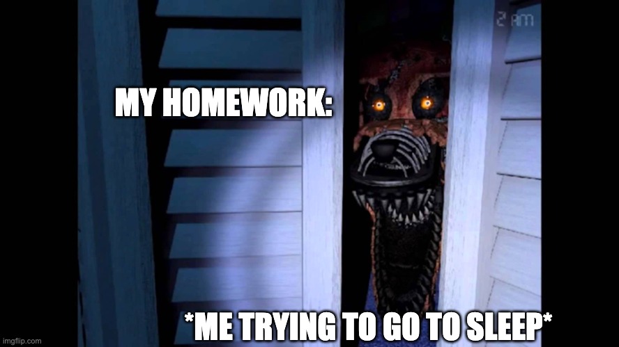 Foxy FNaF 4 | MY HOMEWORK:; *ME TRYING TO GO TO SLEEP* | image tagged in foxy fnaf 4 | made w/ Imgflip meme maker