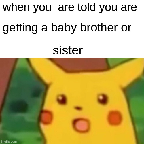 Surprised Pikachu Meme | when you  are told you are; getting a baby brother or; sister | image tagged in memes,surprised pikachu | made w/ Imgflip meme maker