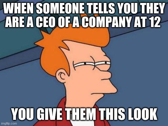 Futurama Fry Meme | WHEN SOMEONE TELLS YOU THEY ARE A CEO OF A COMPANY AT 12; YOU GIVE THEM THIS LOOK | image tagged in memes,futurama fry | made w/ Imgflip meme maker