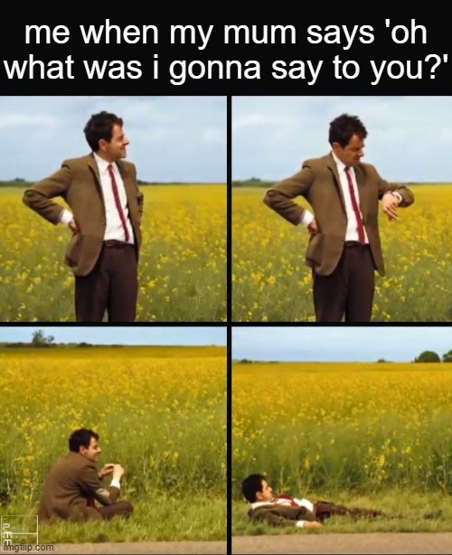 am i meant to answer for her | me when my mum says 'oh what was i gonna say to you?' | image tagged in mr bean waiting,memes | made w/ Imgflip meme maker