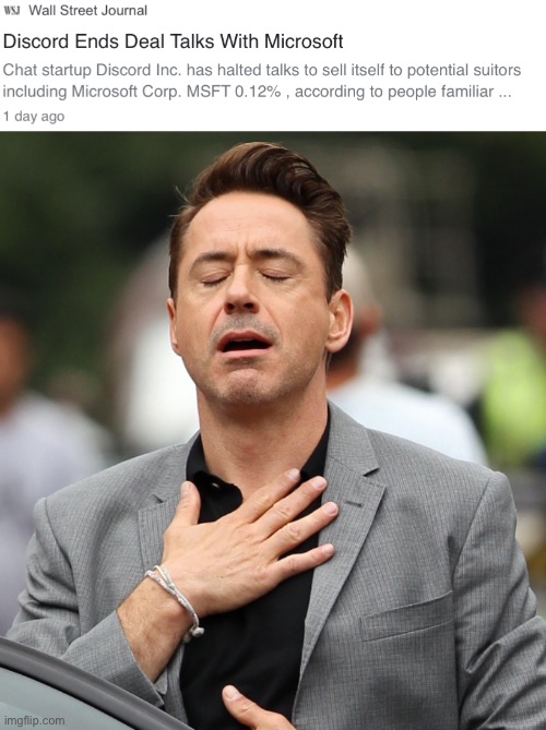 We’re safe! | image tagged in relieved rdj,discord,microsoft | made w/ Imgflip meme maker