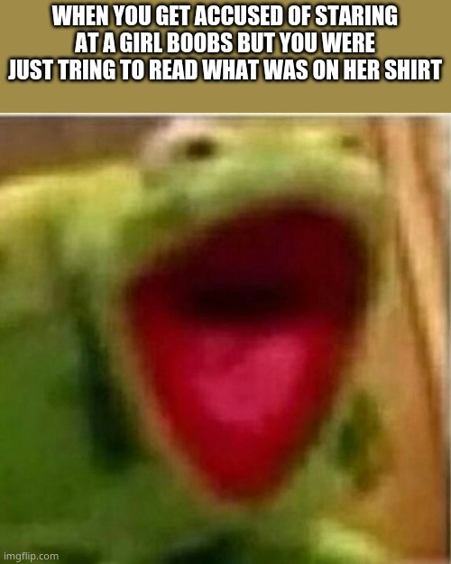 may or may not be true- | WHEN YOU GET ACCUSED OF STARING AT A GIRL BOOBS BUT YOU WERE JUST TRING TO READ WHAT WAS ON HER SHIRT | image tagged in ahhhhhhhhhhhhh | made w/ Imgflip meme maker