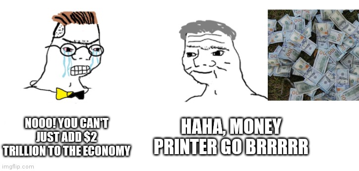 nooo haha go brrr | NOOO! YOU CAN'T JUST ADD $2 TRILLION TO THE ECONOMY; HAHA, MONEY PRINTER GO BRRRRR | image tagged in nooo haha go brrr,funny,money,economy | made w/ Imgflip meme maker
