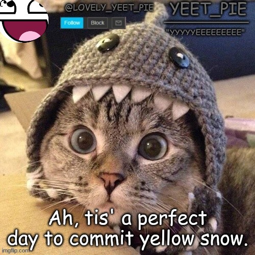 Yeet_Pie | Ah, tis' a perfect day to commit yellow snow. | image tagged in yeet_pie | made w/ Imgflip meme maker