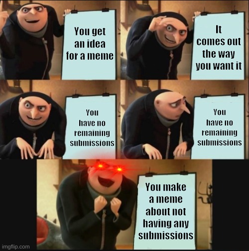 5 panel gru meme | You get an idea for a meme; It comes out the way you want it; You have no remaining submissions; You have no remaining submissions; You make a meme about not having any submissions | image tagged in 5 panel gru meme,gru,memes,imgflip,upvotes,funny | made w/ Imgflip meme maker