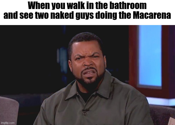 oof | When you walk in the bathroom and see two naked guys doing the Macarena | image tagged in really ice cube,what the fu-,no words | made w/ Imgflip meme maker
