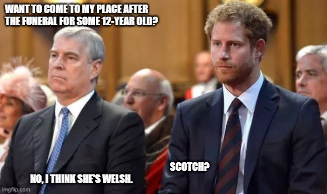 Prince Andrew | WANT TO COME TO MY PLACE AFTER THE FUNERAL FOR SOME 12-YEAR OLD? SCOTCH?
NO, I THINK SHE'S WELSH. | image tagged in prince harry,prince andrew,british royals,royals,jeffrey epstein | made w/ Imgflip meme maker