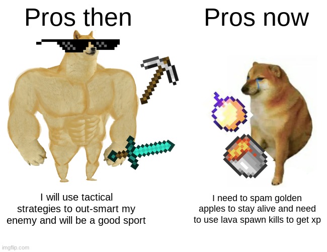 pros then vs pros now | Pros then; Pros now; I will use tactical strategies to out-smart my enemy and will be a good sport; I need to spam golden apples to stay alive and need to use lava spawn kills to get xp | image tagged in memes,buff doge vs cheems | made w/ Imgflip meme maker