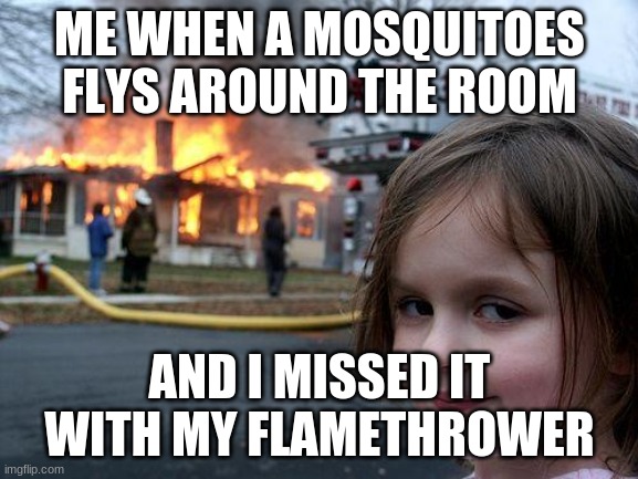 Disaster Girl |  ME WHEN A MOSQUITOES FLYS AROUND THE ROOM; AND I MISSED IT WITH MY FLAMETHROWER | image tagged in memes,disaster girl | made w/ Imgflip meme maker