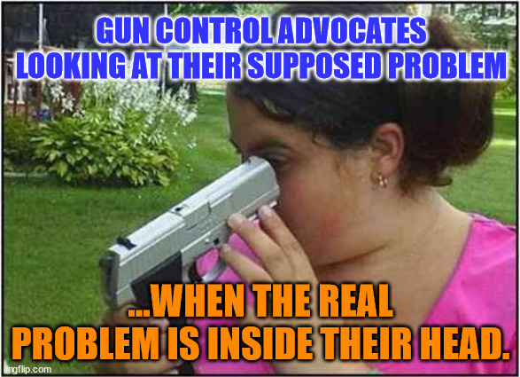 Woman looking down gun barrel | GUN CONTROL ADVOCATES LOOKING AT THEIR SUPPOSED PROBLEM; ...WHEN THE REAL PROBLEM IS INSIDE THEIR HEAD. | image tagged in woman looking down gun barrel | made w/ Imgflip meme maker