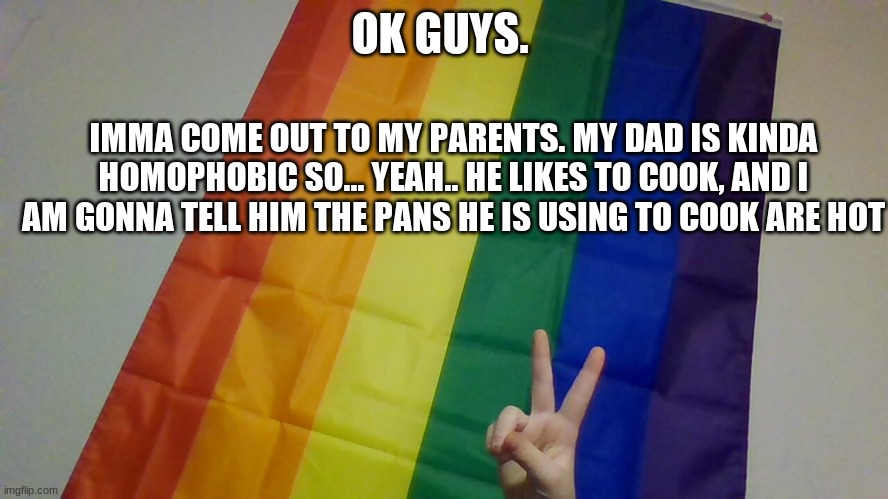 OK GUYS. IMMA COME OUT TO MY PARENTS. MY DAD IS KINDA HOMOPHOBIC SO... YEAH.. HE LIKES TO COOK, AND I AM GONNA TELL HIM THE PANS HE IS USING TO COOK ARE HOT | made w/ Imgflip meme maker