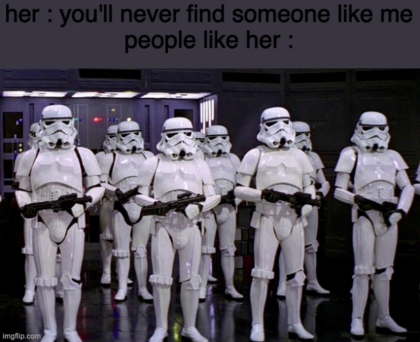 Imperial Stormtroopers  | her : you'll never find someone like me
people like her : | image tagged in imperial stormtroopers | made w/ Imgflip meme maker