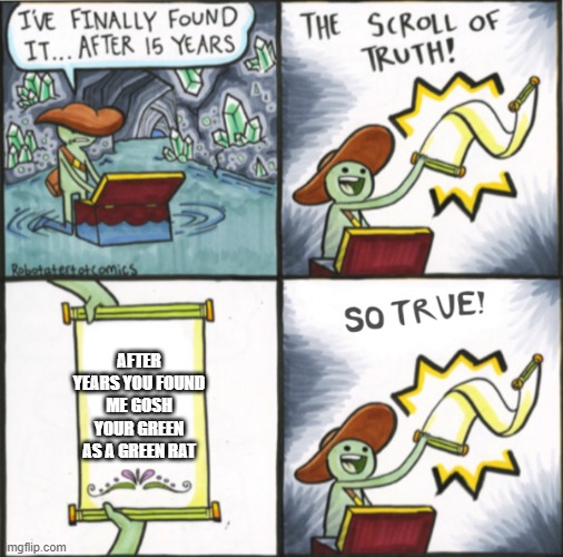 The Real Scroll Of Truth | AFTER YEARS YOU FOUND ME GOSH YOUR GREEN AS A GREEN RAT | image tagged in the real scroll of truth | made w/ Imgflip meme maker