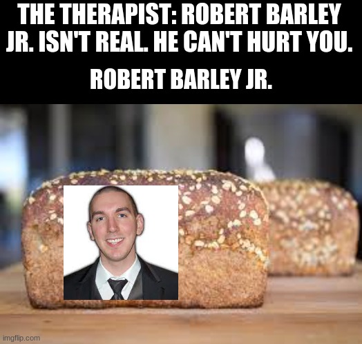 THE THERAPIST: ROBERT BARLEY JR. ISN'T REAL. HE CAN'T HURT YOU. ROBERT BARLEY JR. | image tagged in black blank template short | made w/ Imgflip meme maker