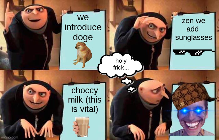 the formula for ultimate power |  we introduce doge; zen we add  sunglasses; holy frick... choccy milk (this is vital) | image tagged in memes,gru's plan | made w/ Imgflip meme maker