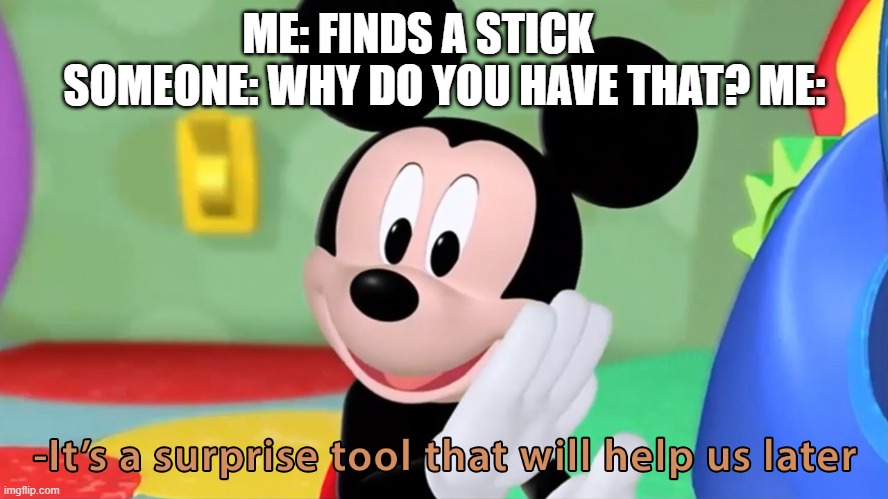 happens all the time | ME: FINDS A STICK       SOMEONE: WHY DO YOU HAVE THAT? ME: | image tagged in mickey mouse | made w/ Imgflip meme maker