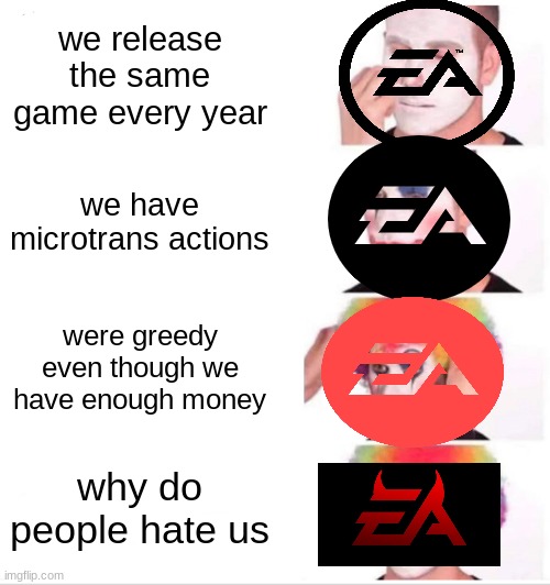 ea you suck | we release the same game every year; we have microtrans actions; were greedy even though we have enough money; why do people hate us | image tagged in memes,clown applying makeup | made w/ Imgflip meme maker