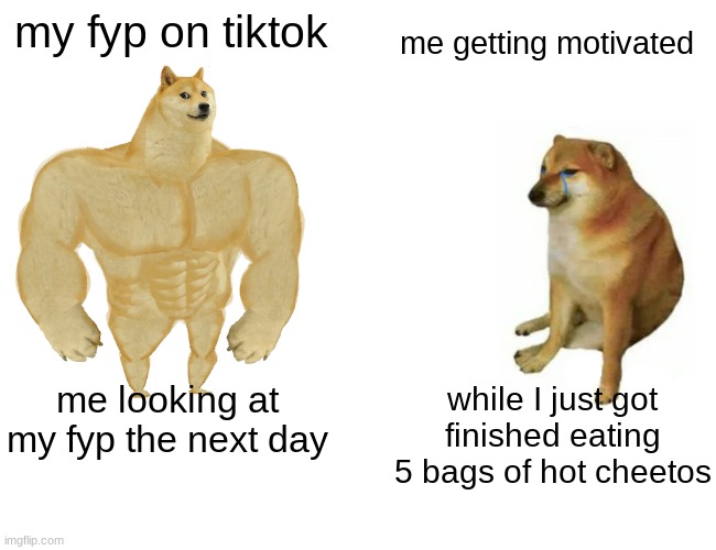 Buff Doge vs. Cheems | my fyp on tiktok; me getting motivated; while I just got finished eating 5 bags of hot cheetos; me looking at my fyp the next day | image tagged in memes,buff doge vs cheems | made w/ Imgflip meme maker