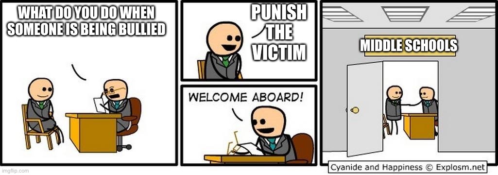 Job Interview | PUNISH THE VICTIM; WHAT DO YOU DO WHEN SOMEONE IS BEING BULLIED; MIDDLE SCHOOLS | image tagged in job interview | made w/ Imgflip meme maker
