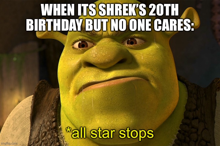 it has been 20 years since the original shrek | WHEN ITS SHREK’S 20TH BIRTHDAY BUT NO ONE CARES:; *all star stops | image tagged in angry shrek | made w/ Imgflip meme maker