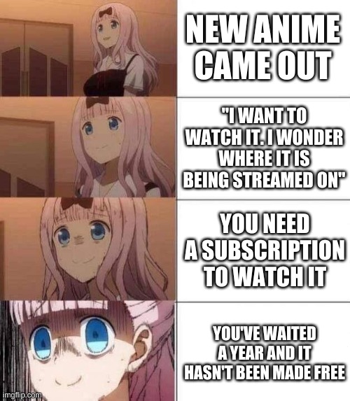 Why is it needed? | NEW ANIME CAME OUT; "I WANT TO WATCH IT. I WONDER WHERE IT IS BEING STREAMED ON"; YOU NEED A SUBSCRIPTION TO WATCH IT; YOU'VE WAITED A YEAR AND IT HASN'T BEEN MADE FREE | image tagged in chika template | made w/ Imgflip meme maker