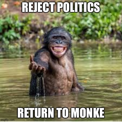 Reject humanity | REJECT POLITICS; RETURN TO MONKE | image tagged in reject humanity | made w/ Imgflip meme maker